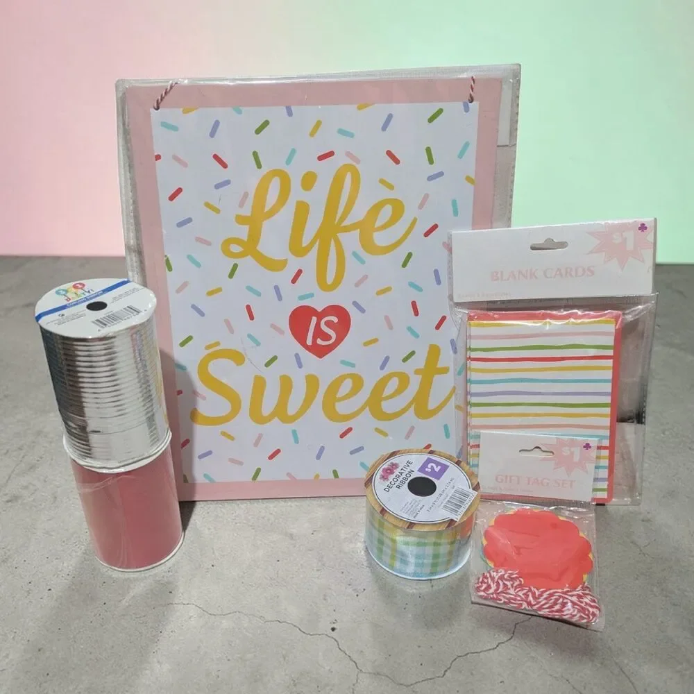 Bright Party Gift Wrap Bundle Set Cards Tags Ribbon Decor Sign “Life is Sweet”